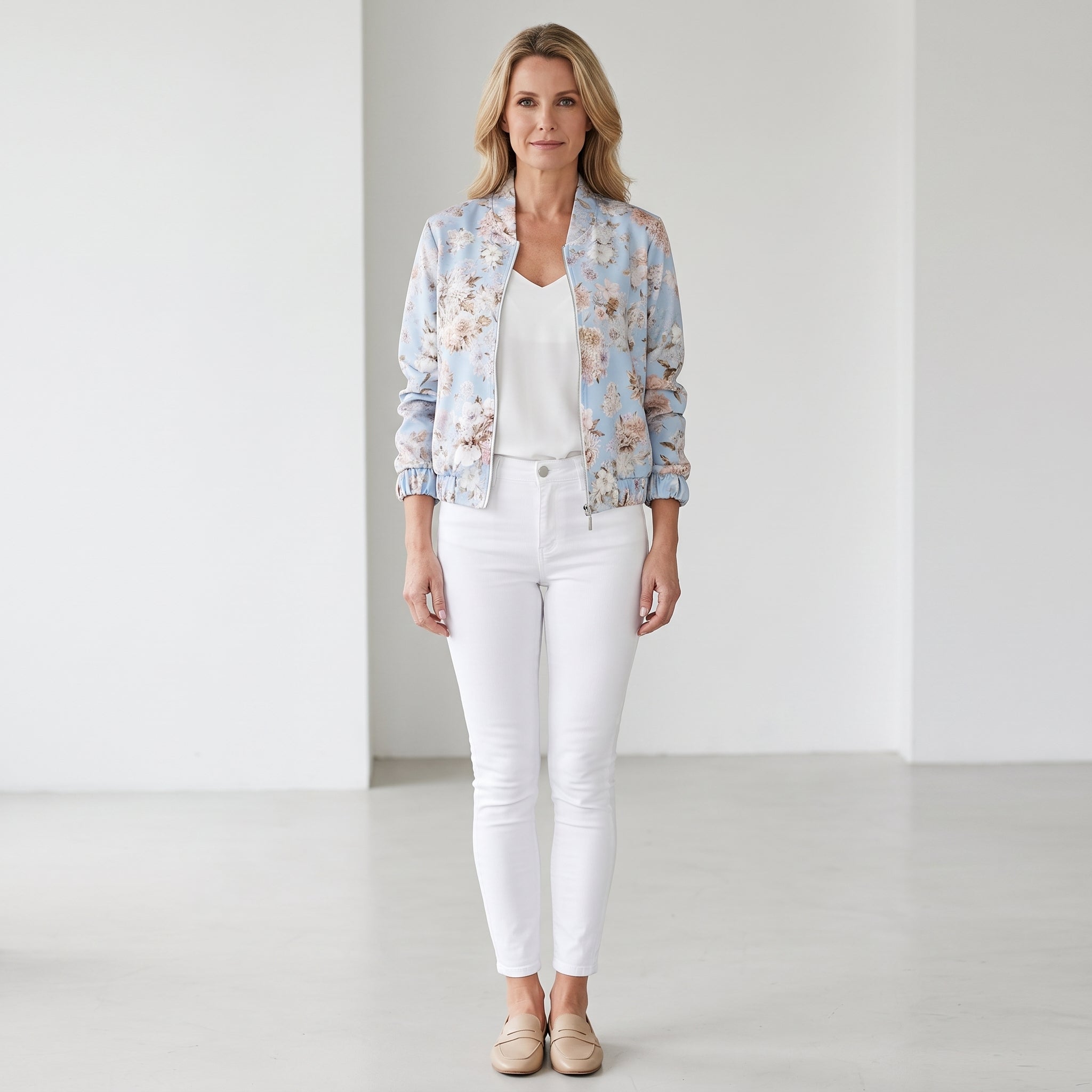 Floral Print Bomber Jacket with Elasticated Cuffs for Women