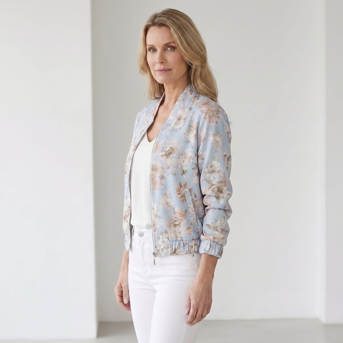 Floral Print Bomber Jacket with Elasticated Cuffs for Women