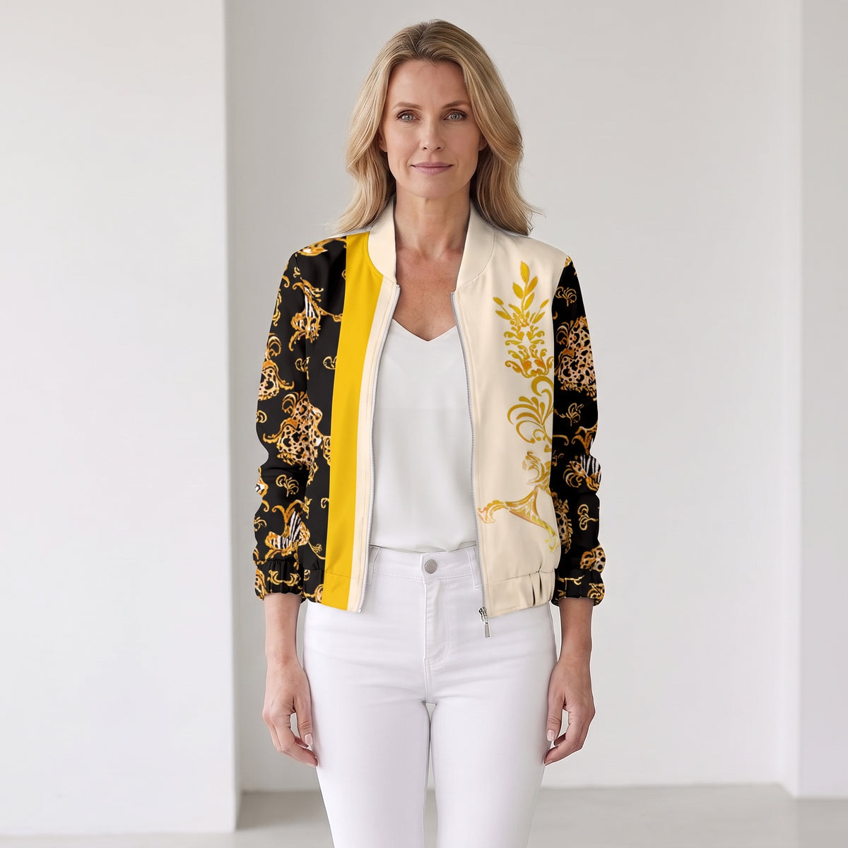 Floral Print Bomber Jacket with Elasticated Cuffs for Women