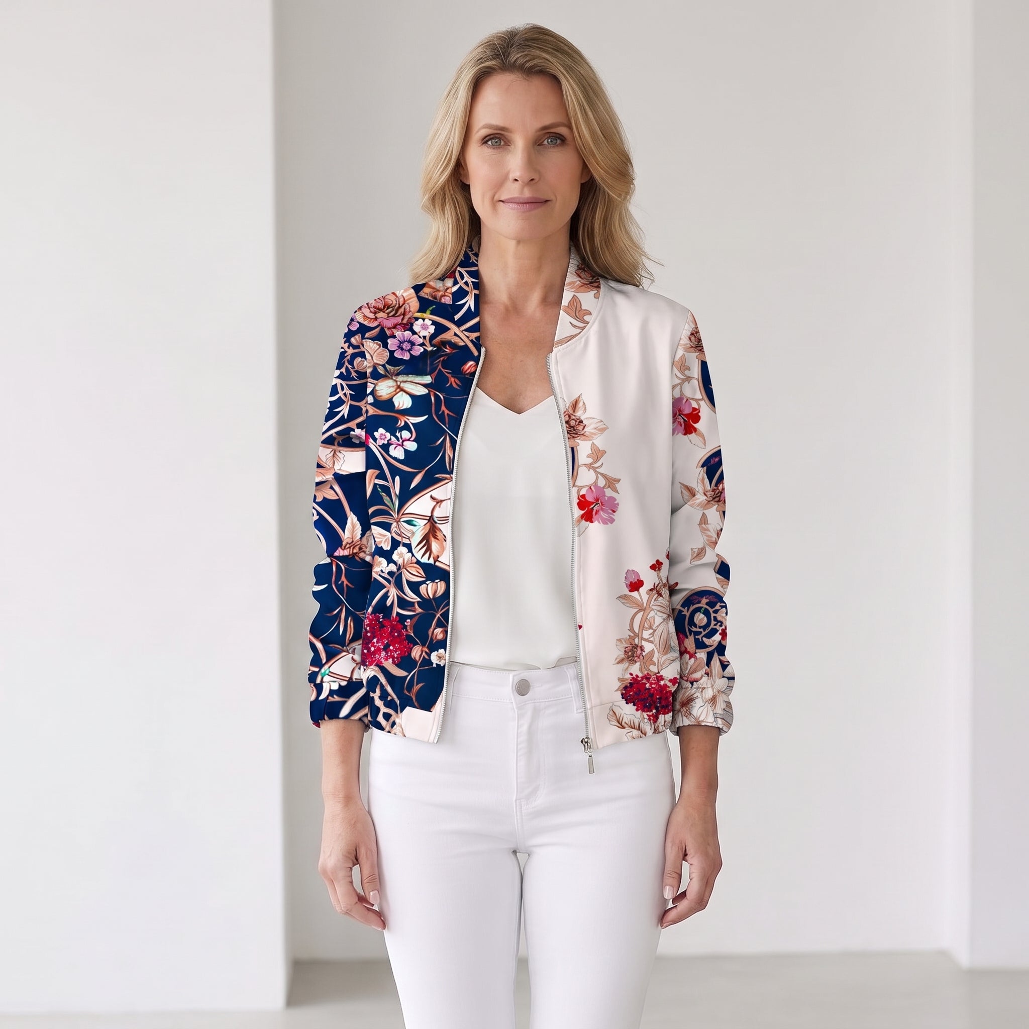 Floral Print Bomber Jacket with Elasticated Cuffs for Women