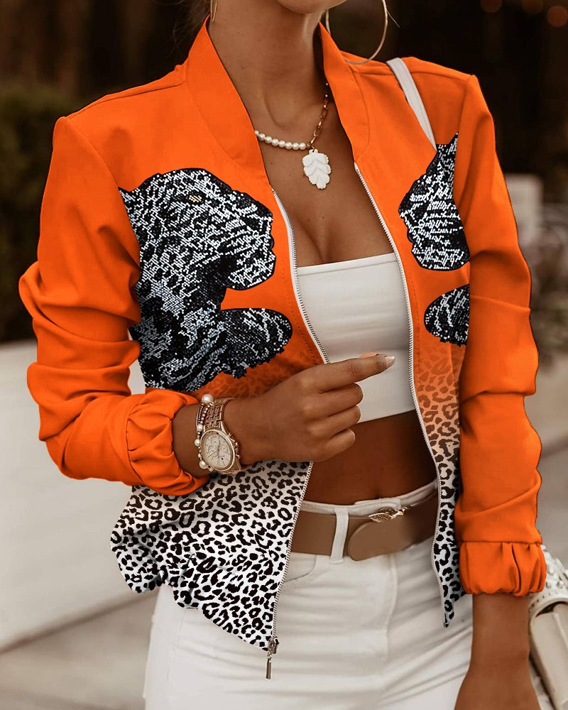 Floral Print Bomber Jacket with Elasticated Cuffs for Women