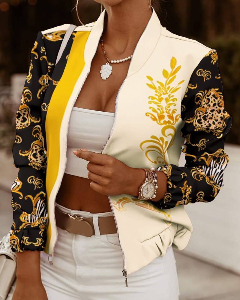 Floral Print Bomber Jacket with Elasticated Cuffs for Women