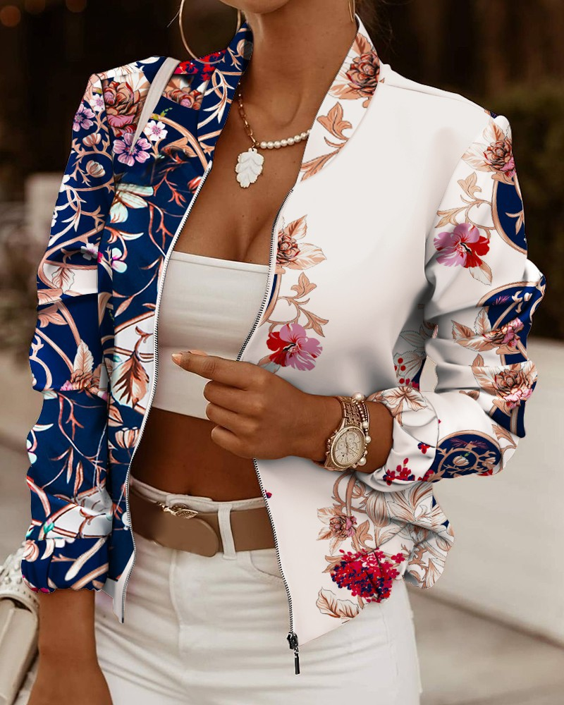 Floral Print Bomber Jacket with Elasticated Cuffs for Women