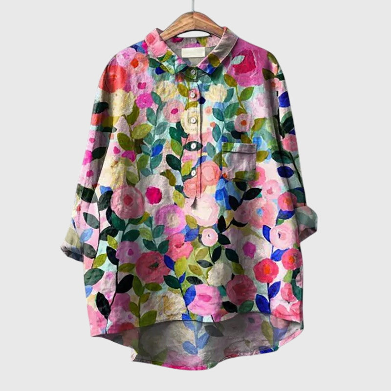 Floral Print Button-Front Collared Blouse for Women
