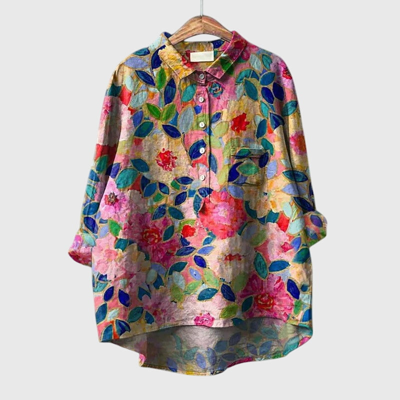 Floral Print Button-Front Collared Blouse for Women