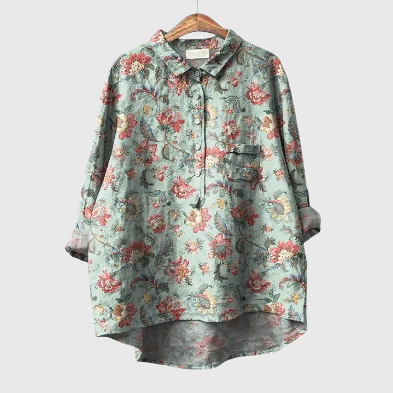 Floral Print Button-Front Collared Blouse for Women