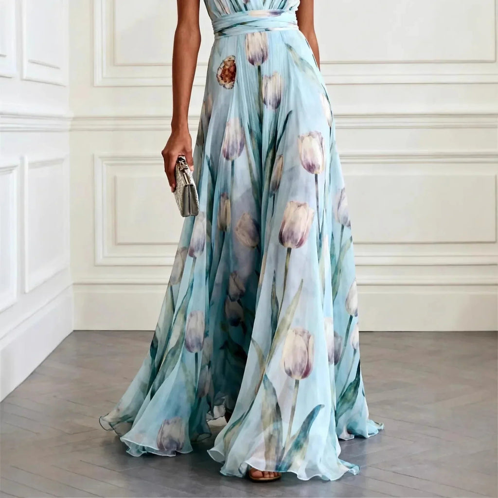 Floral Print Maxi Dress with Deep V-Neck for Women