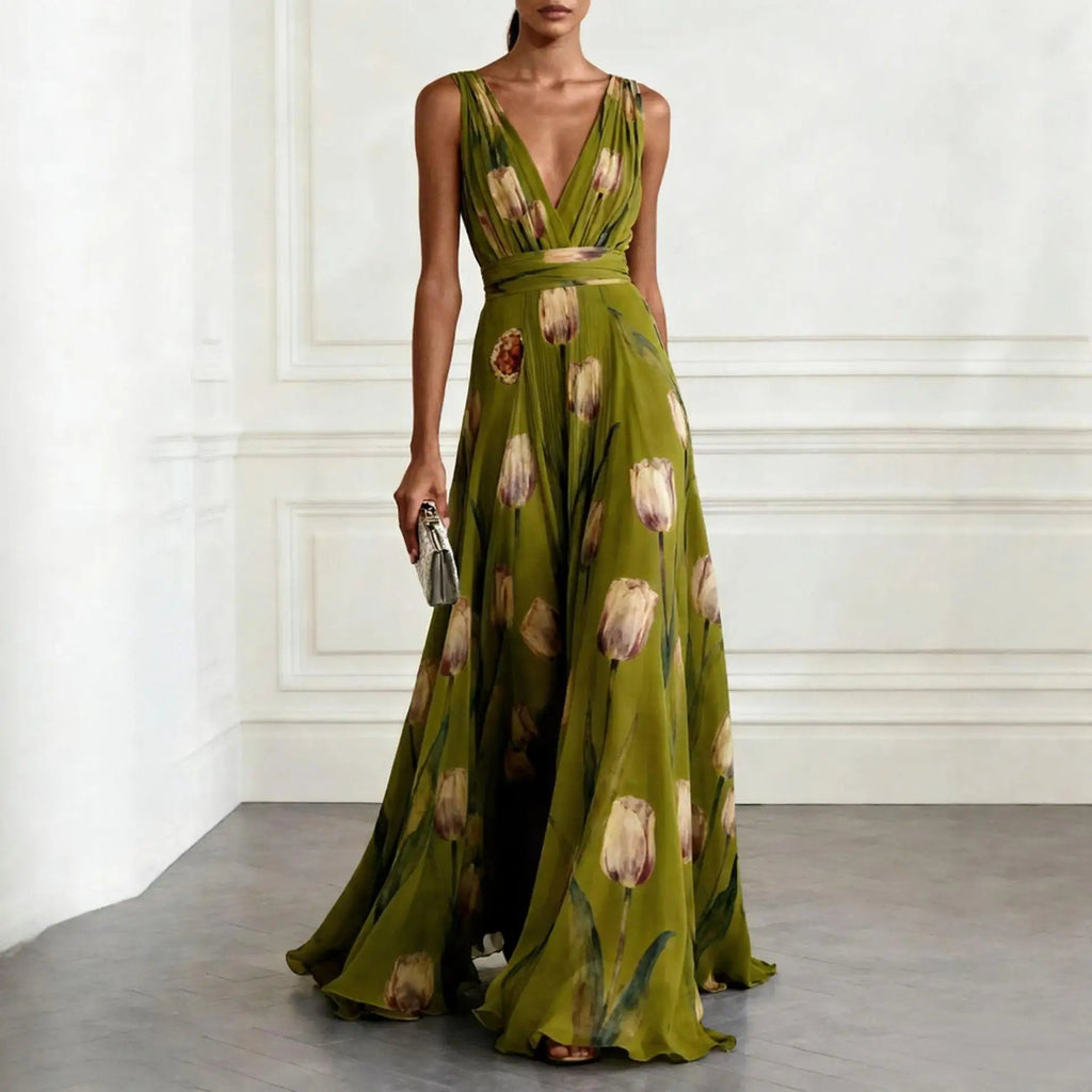 Floral Print Maxi Dress with Deep V-Neck for Women