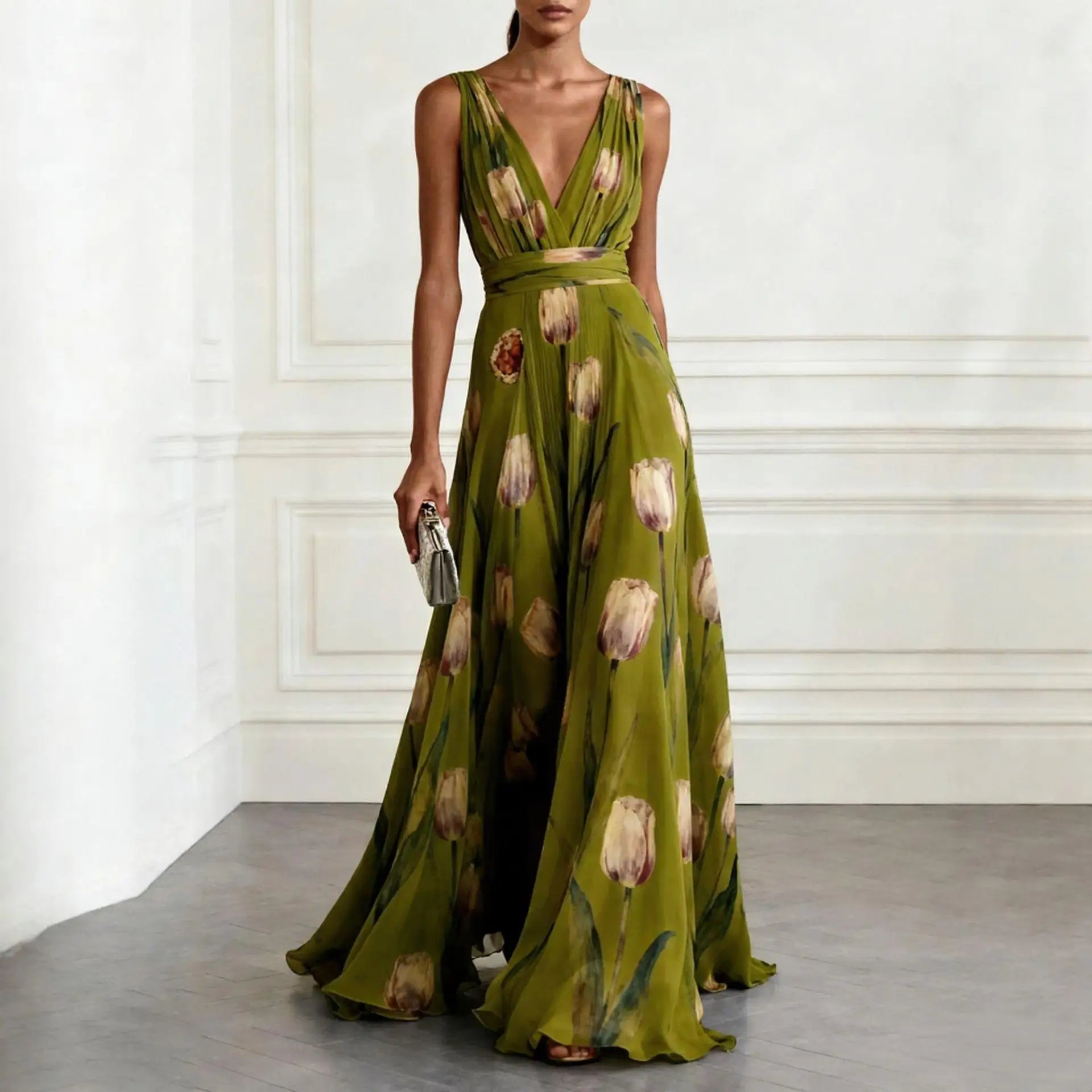 Floral Print Maxi Dress with Deep V-Neck for Women