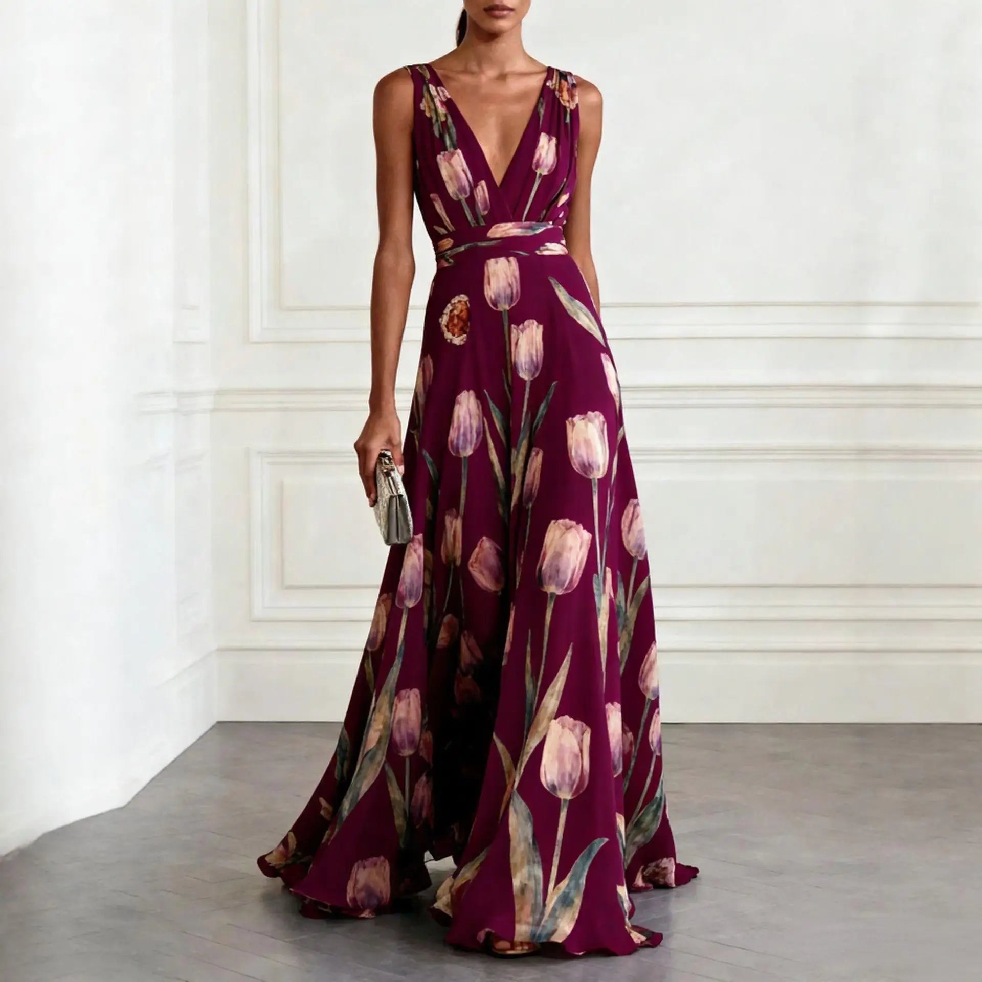 Floral Print Maxi Dress with Deep V-Neck for Women