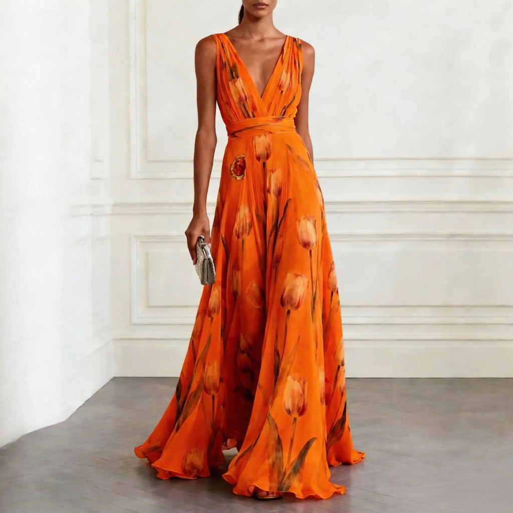 Floral Print Maxi Dress with Deep V-Neck for Women
