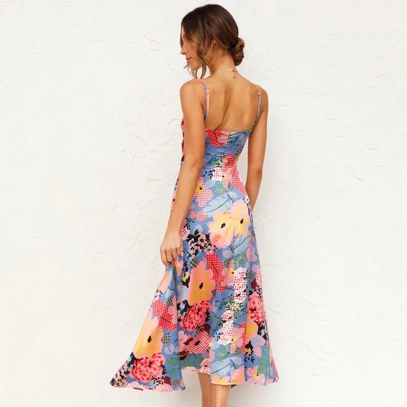 Floral Print Maxi Dress with Front Tie Detail for Women