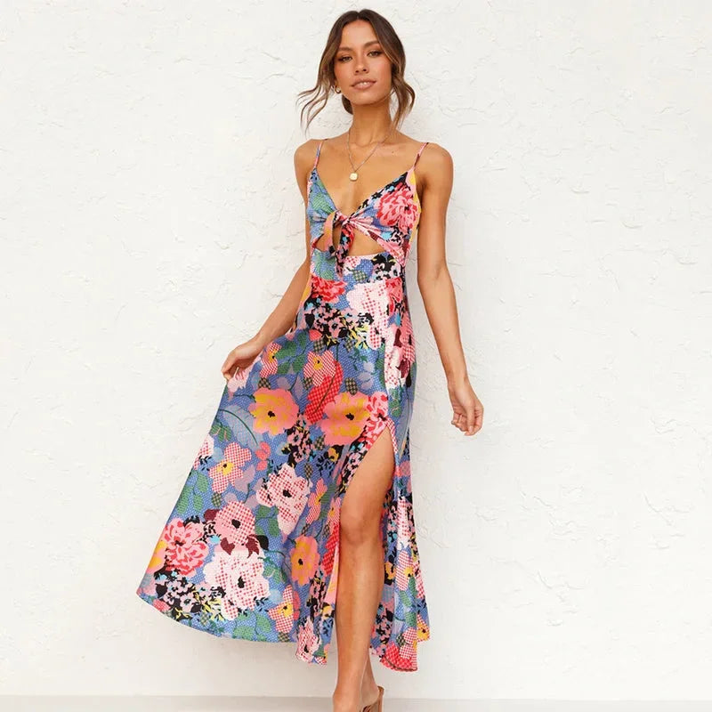 Floral Print Summer Dress with Front Cut-Out for Women