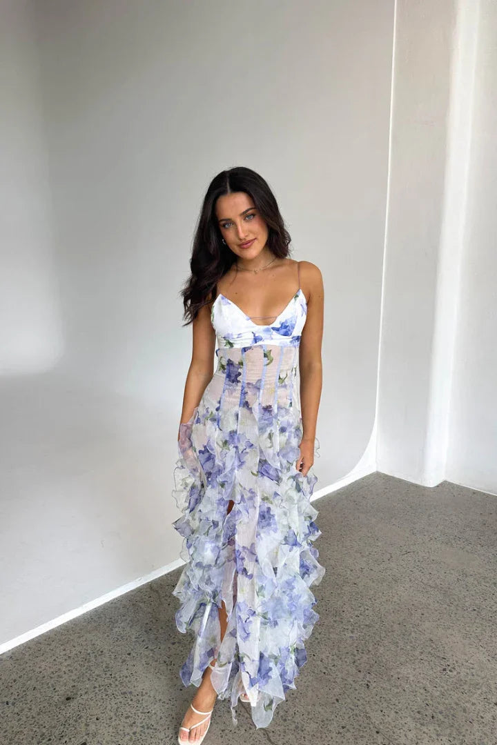 Floral Ruffle Maxi Dress with Corset-Style Bodice for Women