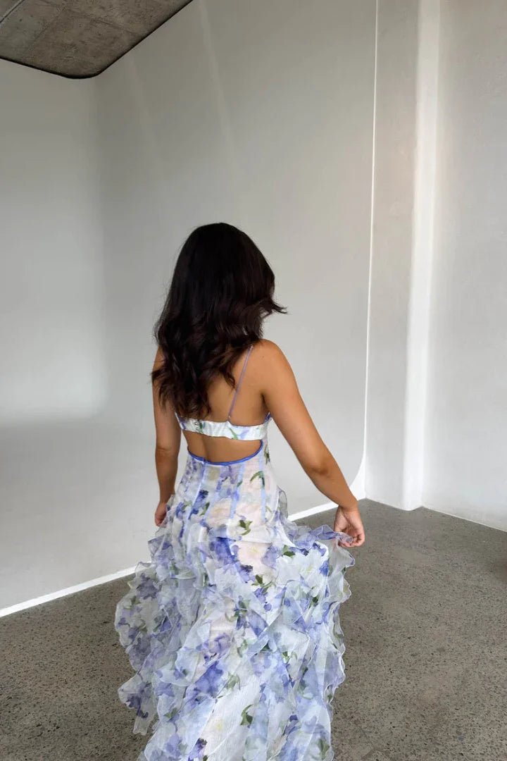 Floral Ruffle Maxi Dress with Corset-Style Bodice for Women