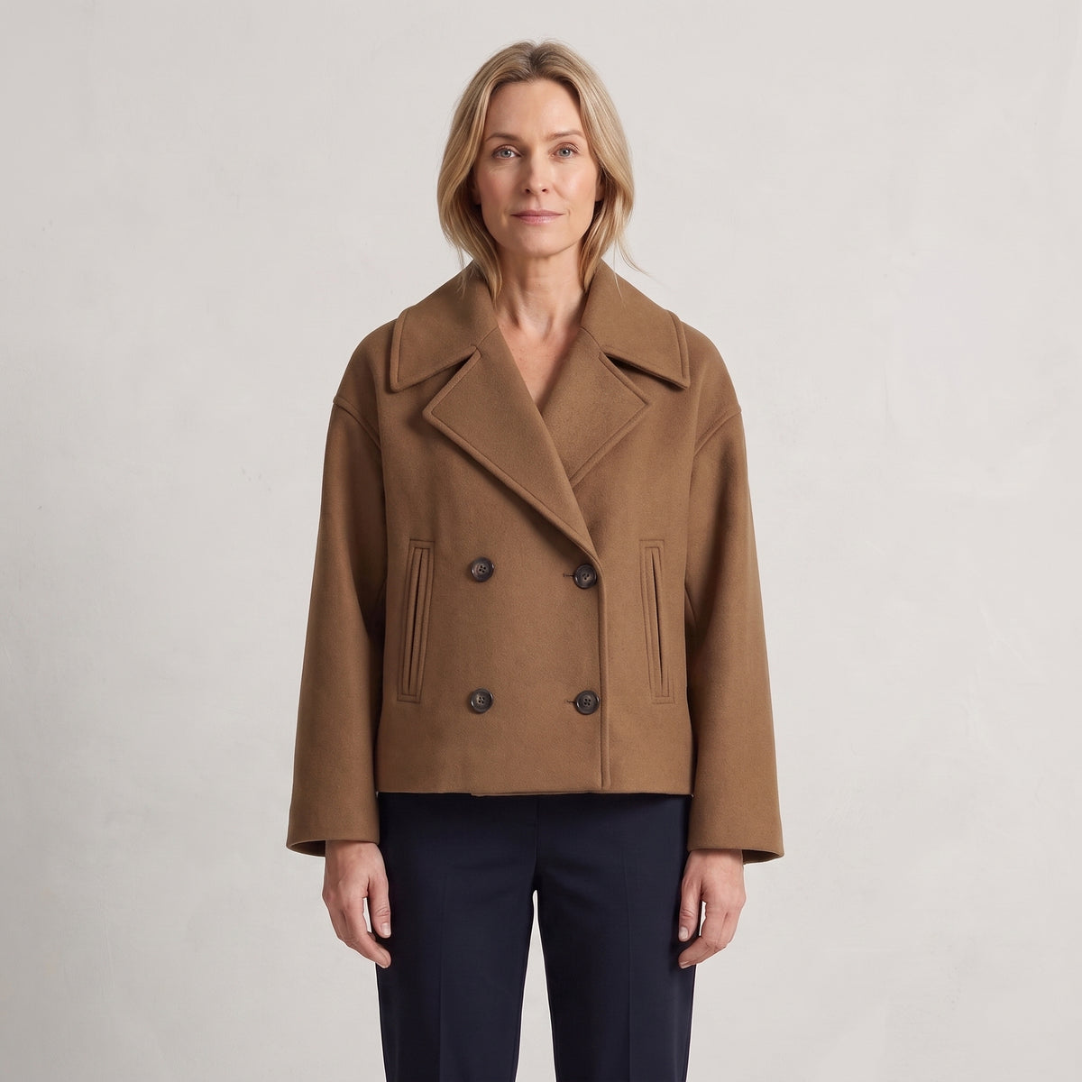 Four-Button Pea Coat with Wide Lapels for Women