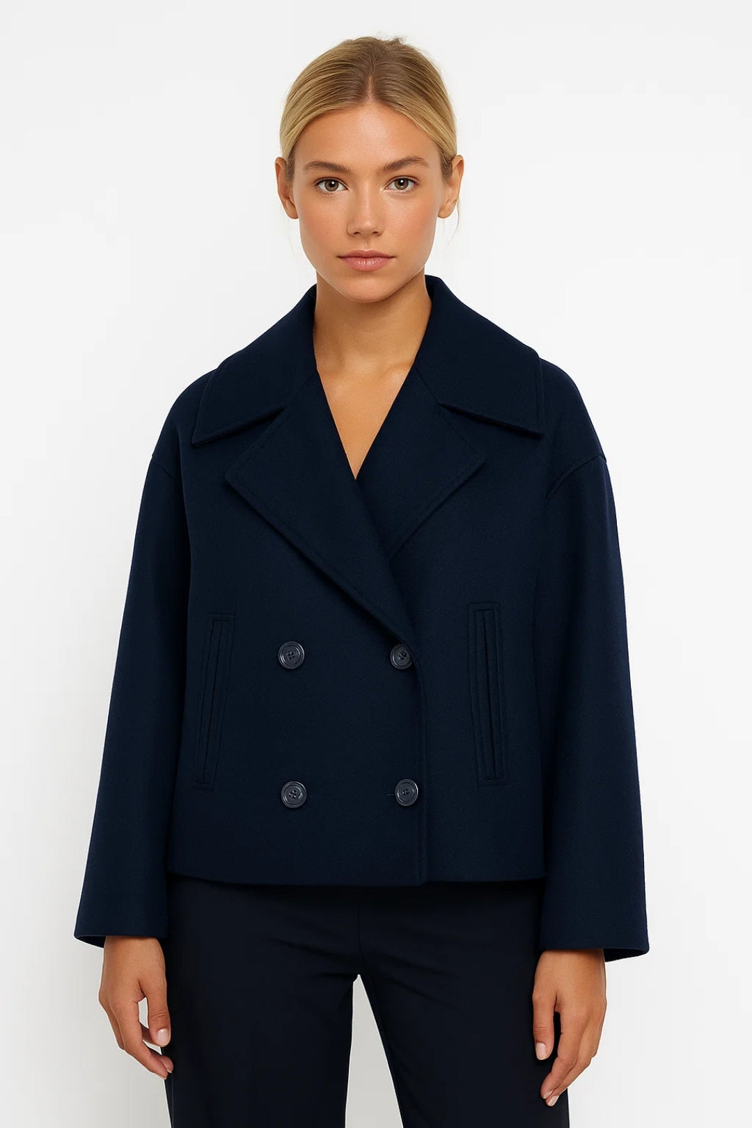Four-Button Pea Coat with Wide Lapels for Women
