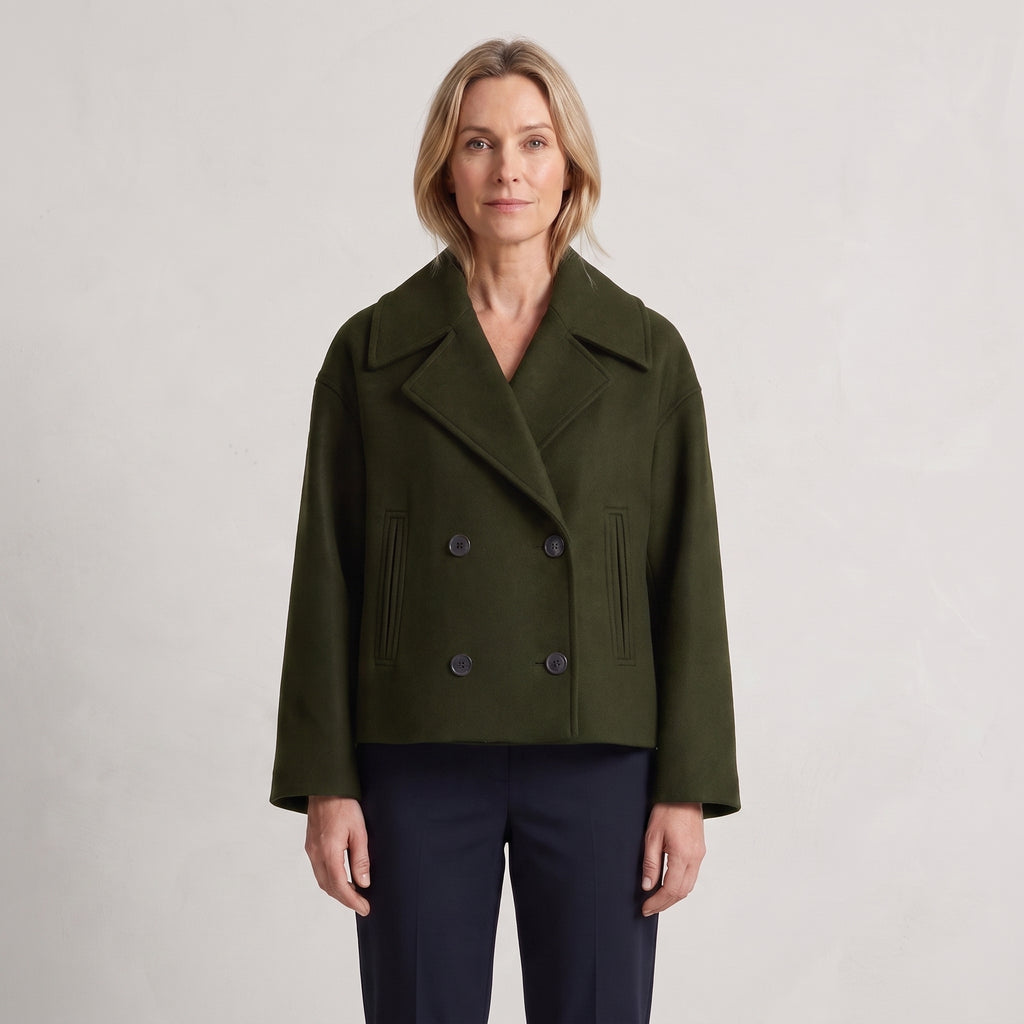 Four-Button Pea Coat with Wide Lapels for Women
