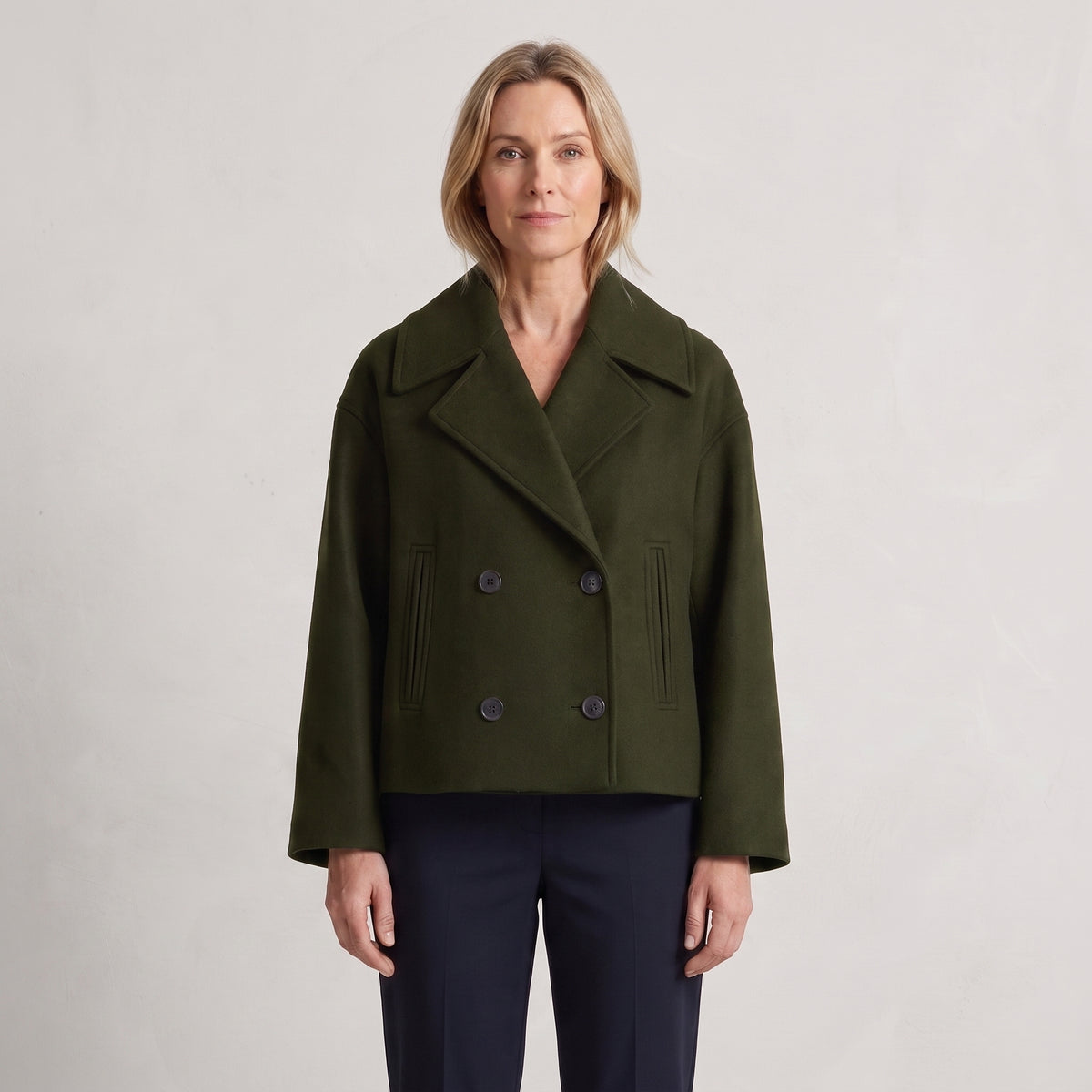 Four-Button Pea Coat with Wide Lapels for Women