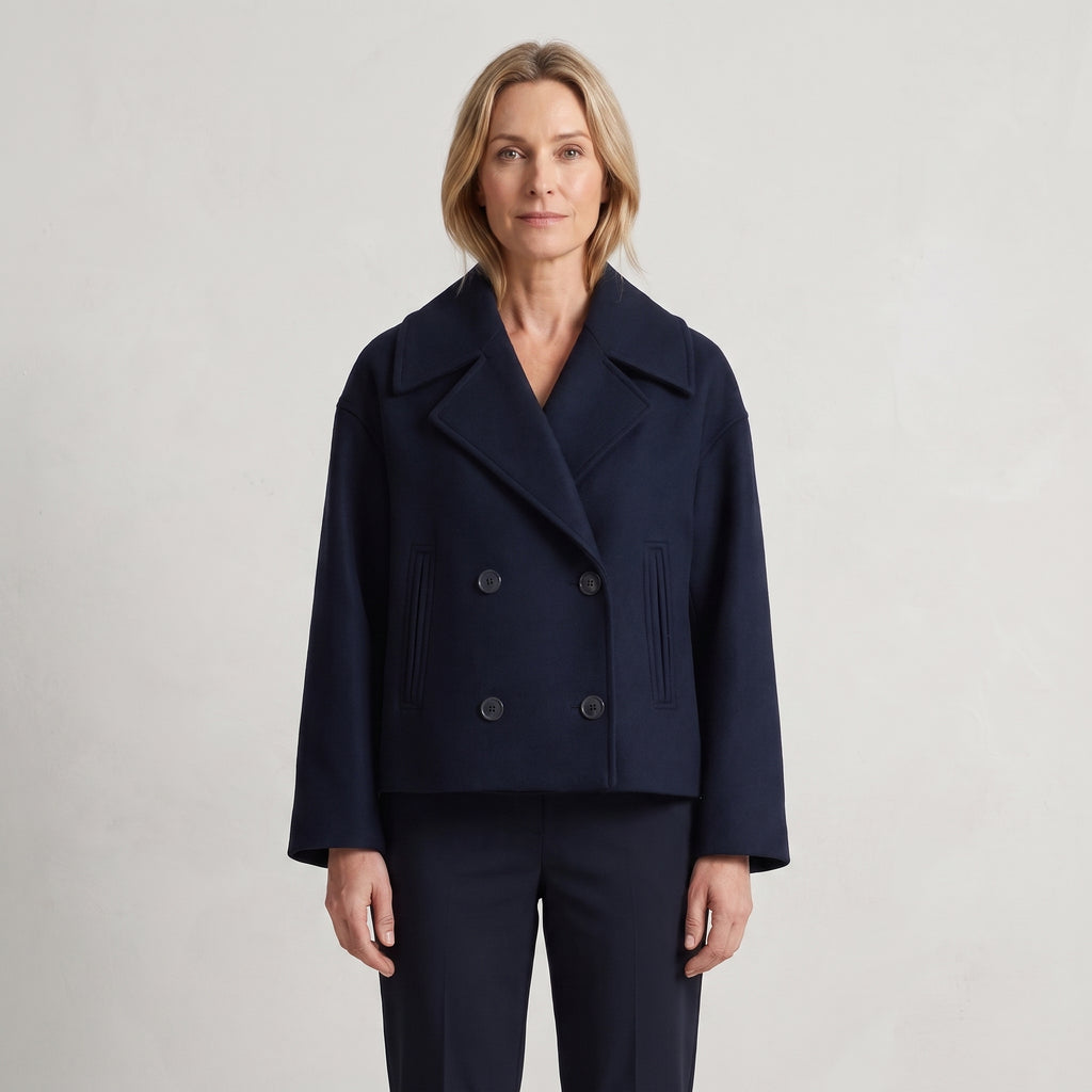 Four-Button Pea Coat with Wide Lapels for Women