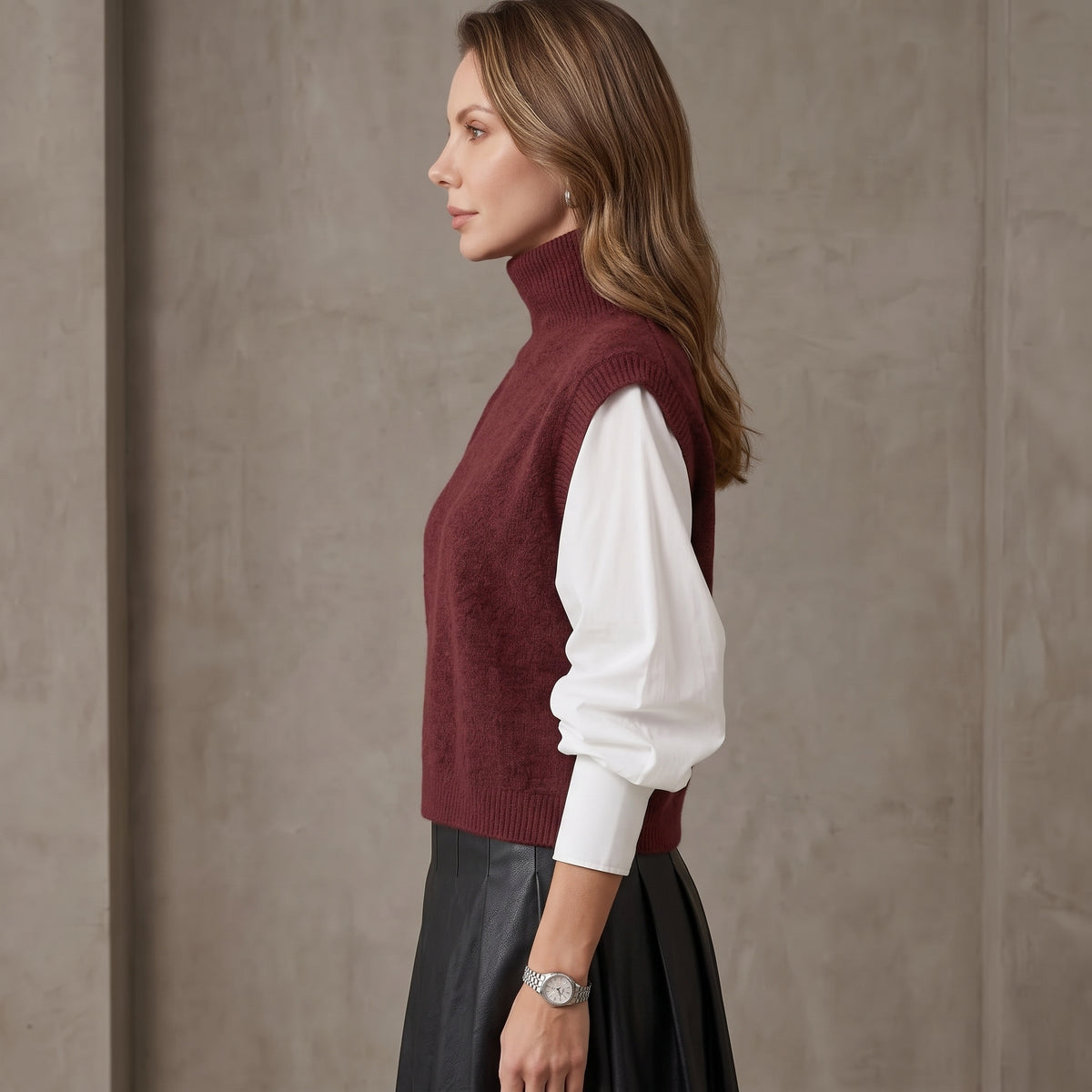 High-Neck Sweater Vest with Ribbed Armholes for Women
