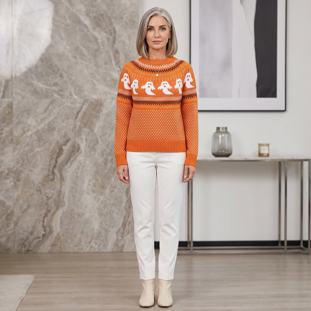 Ghost Pattern Knit Sweater with Ribbed Crew Neckline for Women