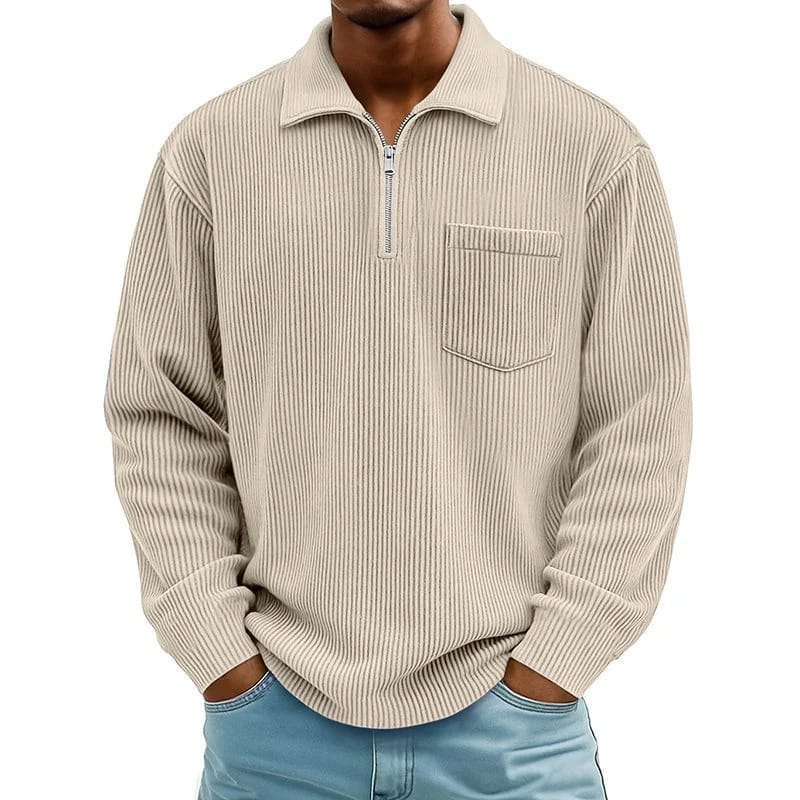 Half Zip Ribbed Knit Sweater with Chest Pocket for Mens