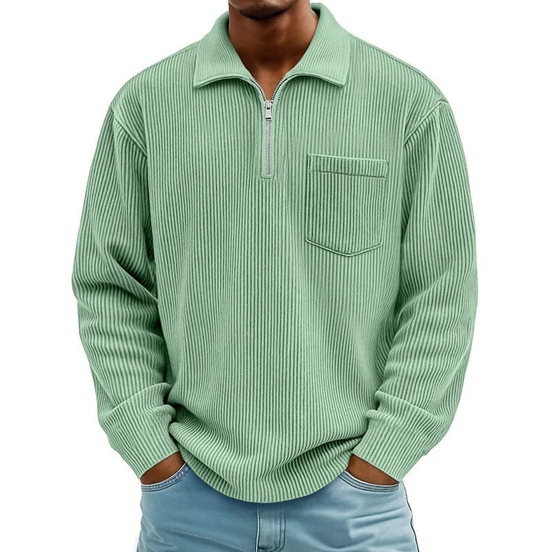 Half Zip Ribbed Knit Sweater with Chest Pocket for Mens
