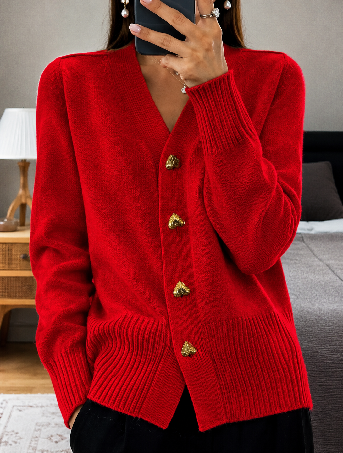 Heart-Button Cardigan with Front Patch Pockets for Women