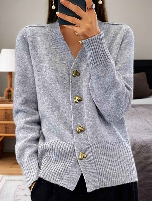 Heart-Button Cardigan with Front Patch Pockets for Women
