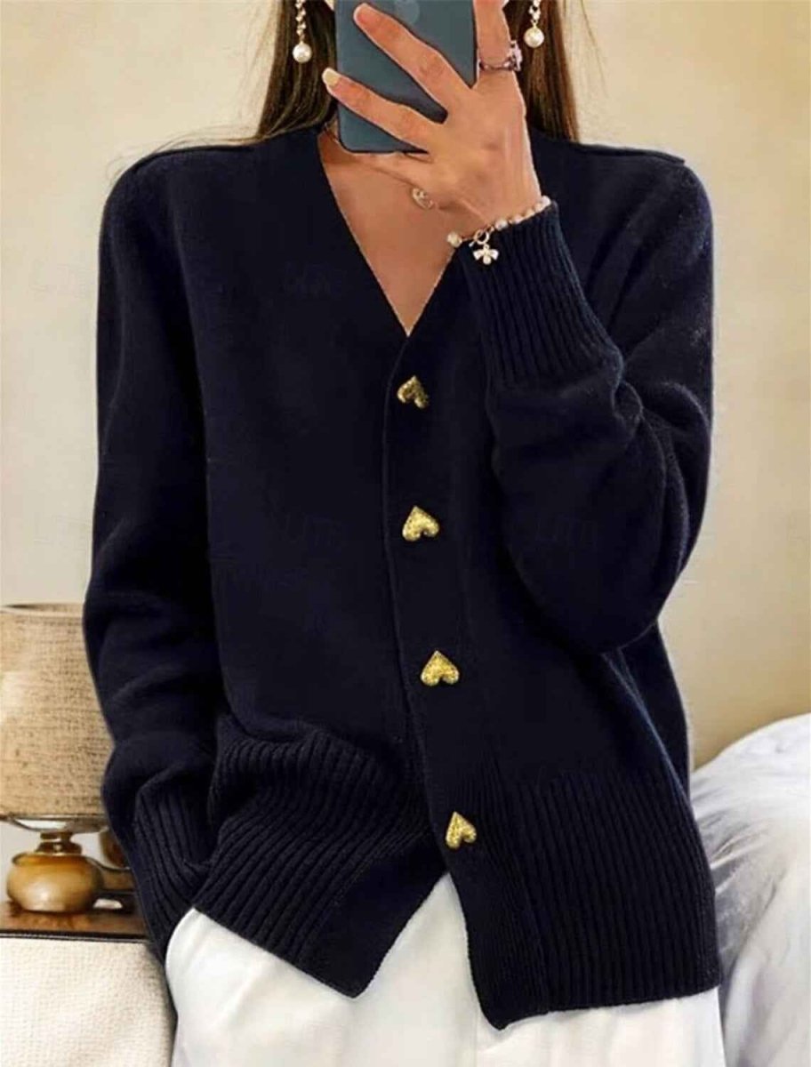 Heart-Button Cardigan with Front Patch Pockets for Women