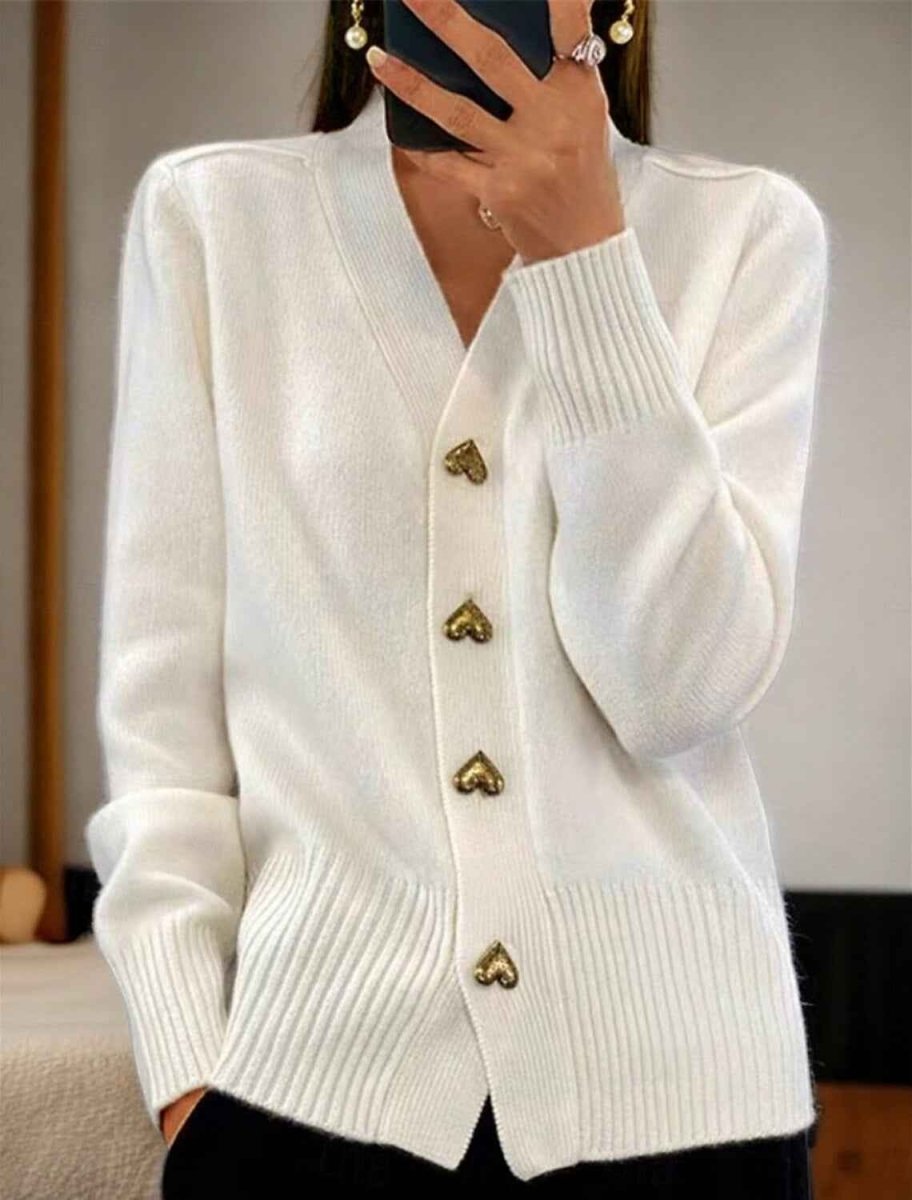 Heart-Button Cardigan with Front Patch Pockets for Women