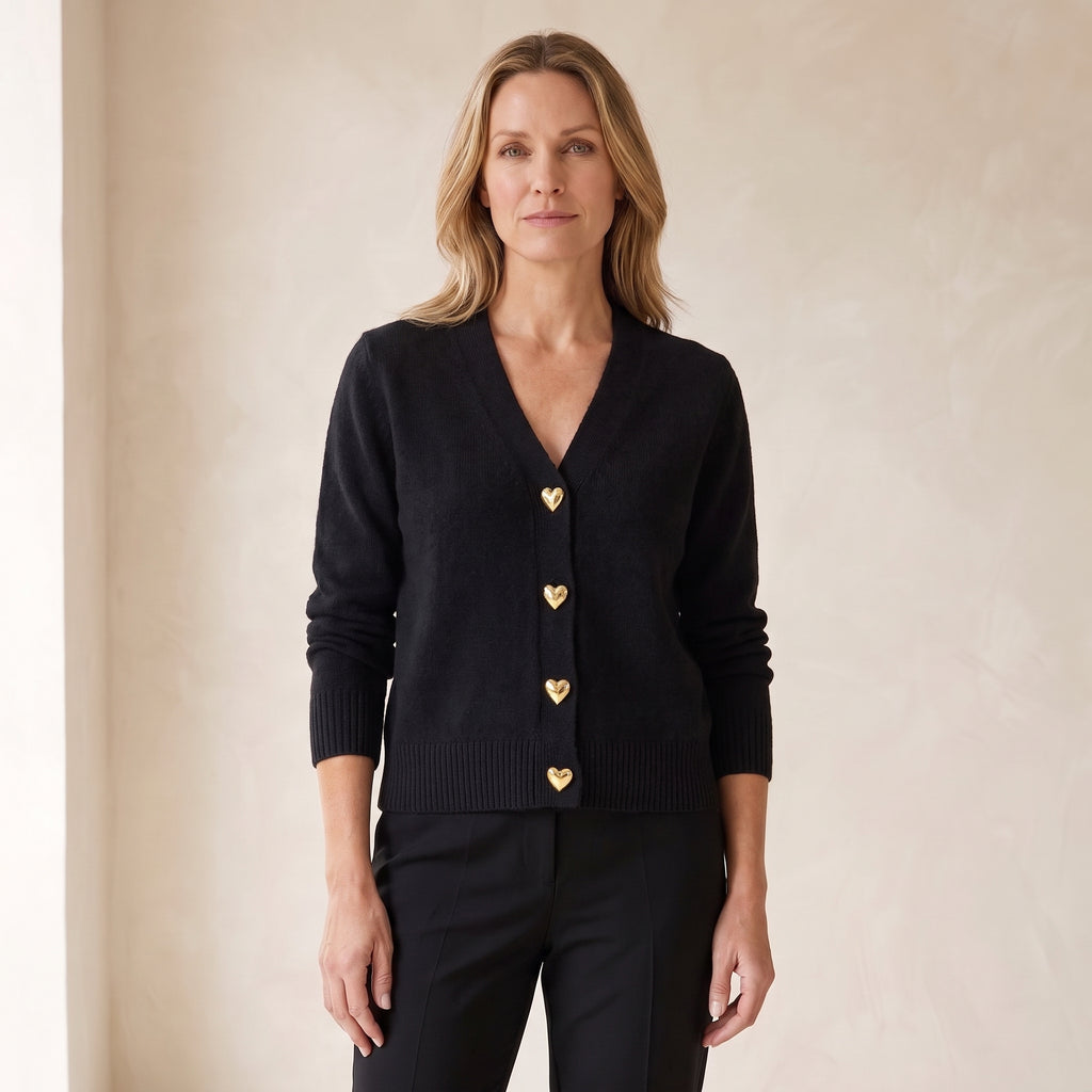 Heart-Button Cardigan with Front Patch Pockets for Women