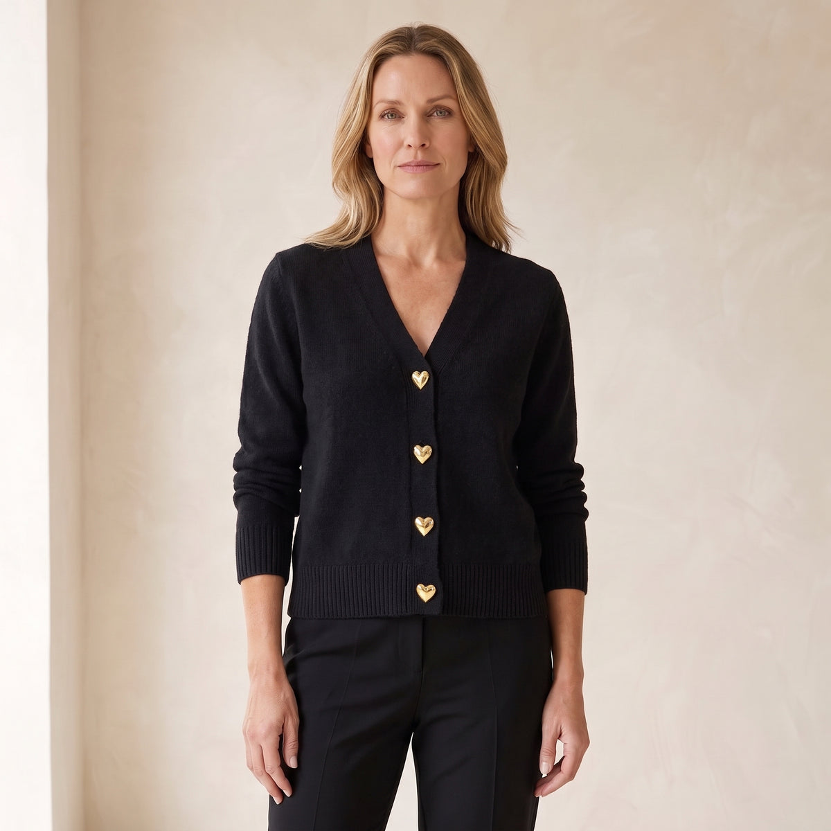 Heart-Button Cardigan with Front Patch Pockets for Women