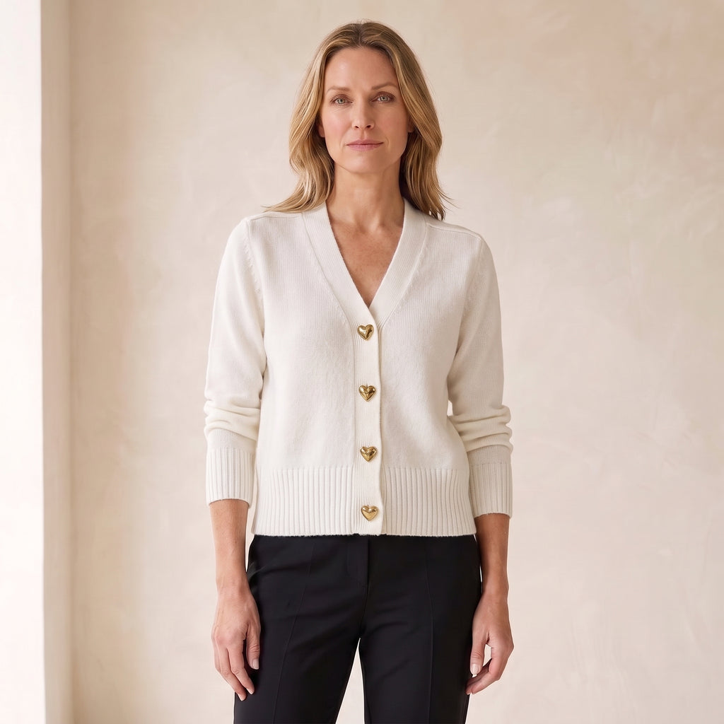Heart-Button Cardigan with Front Patch Pockets for Women