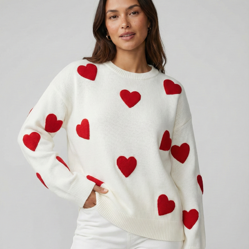 Heart Patterned Sweater with Long Sleeves for Women