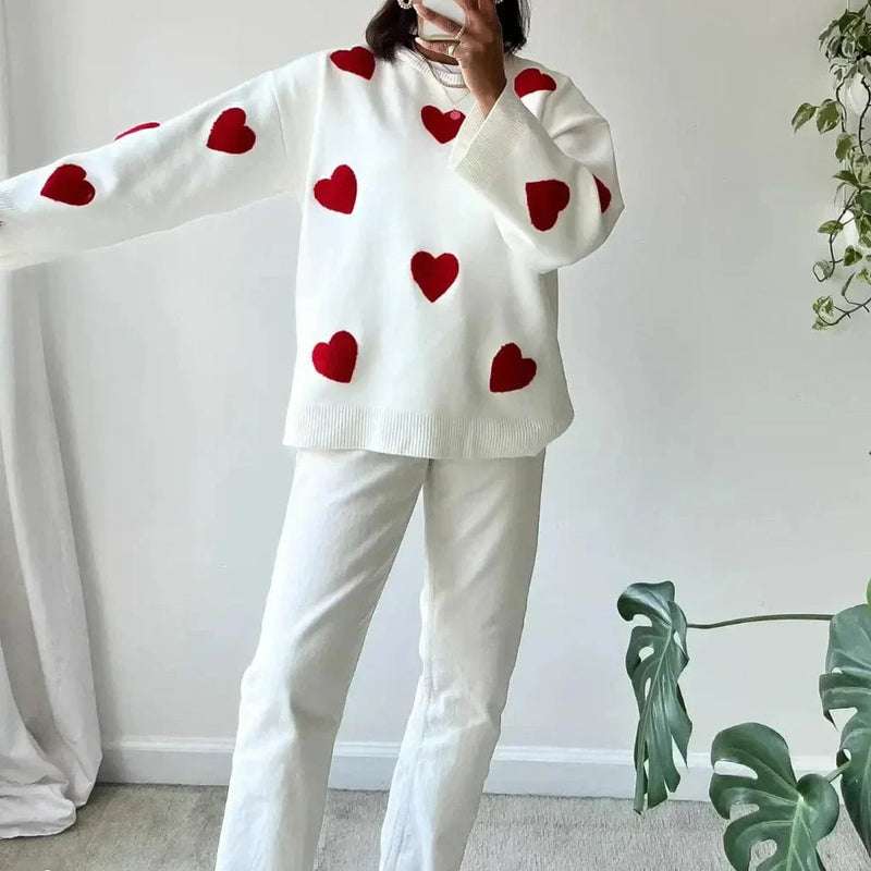 Heart Patterned Sweater with Long Sleeves for Women