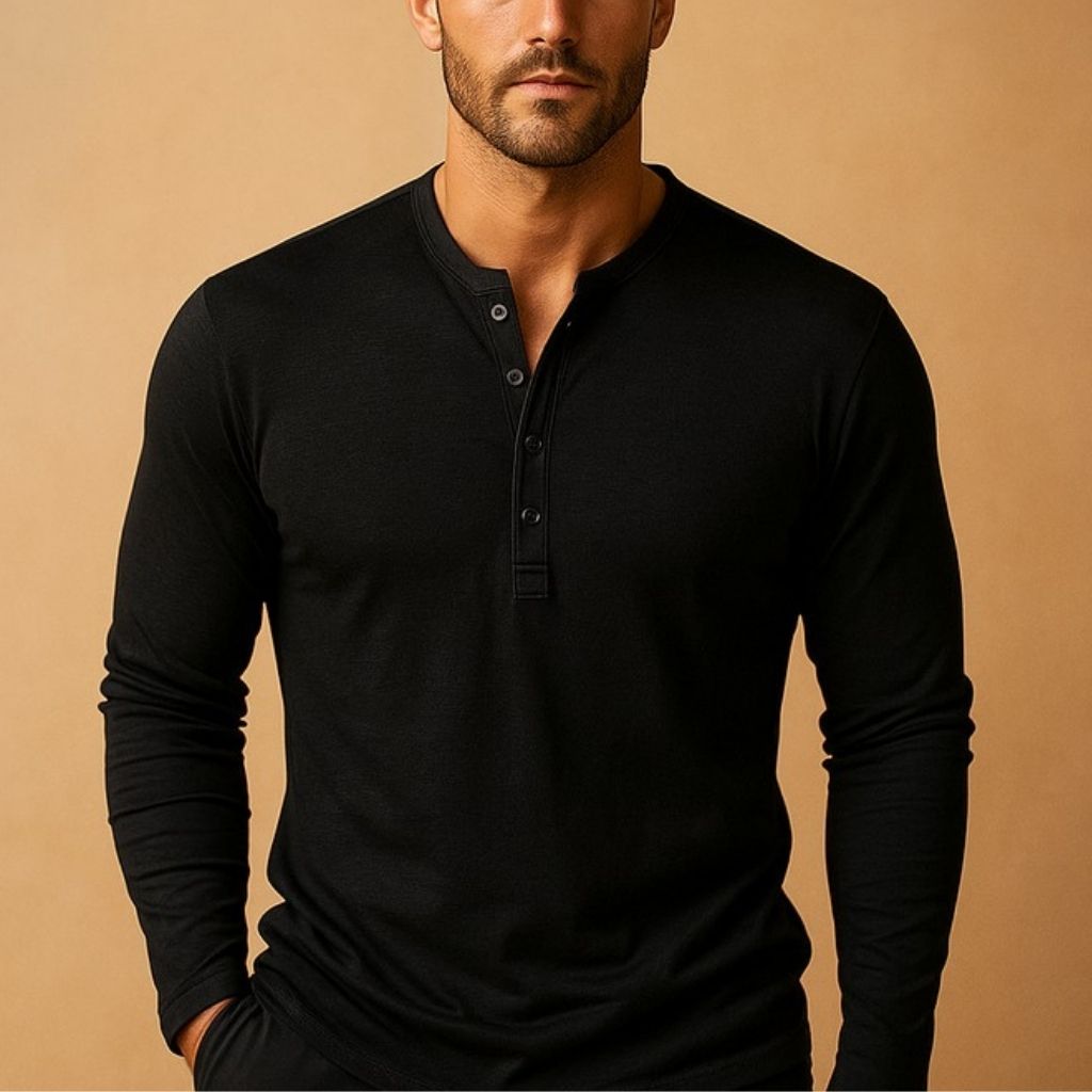 Henley Shirt with Long Sleeves and Button Neck for Men