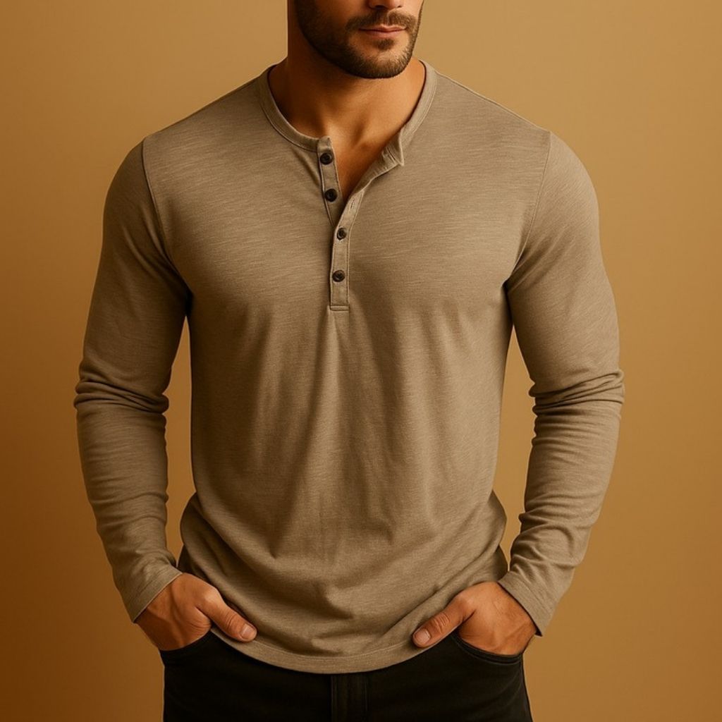 Henley Shirt with Long Sleeves and Button Neck for Men