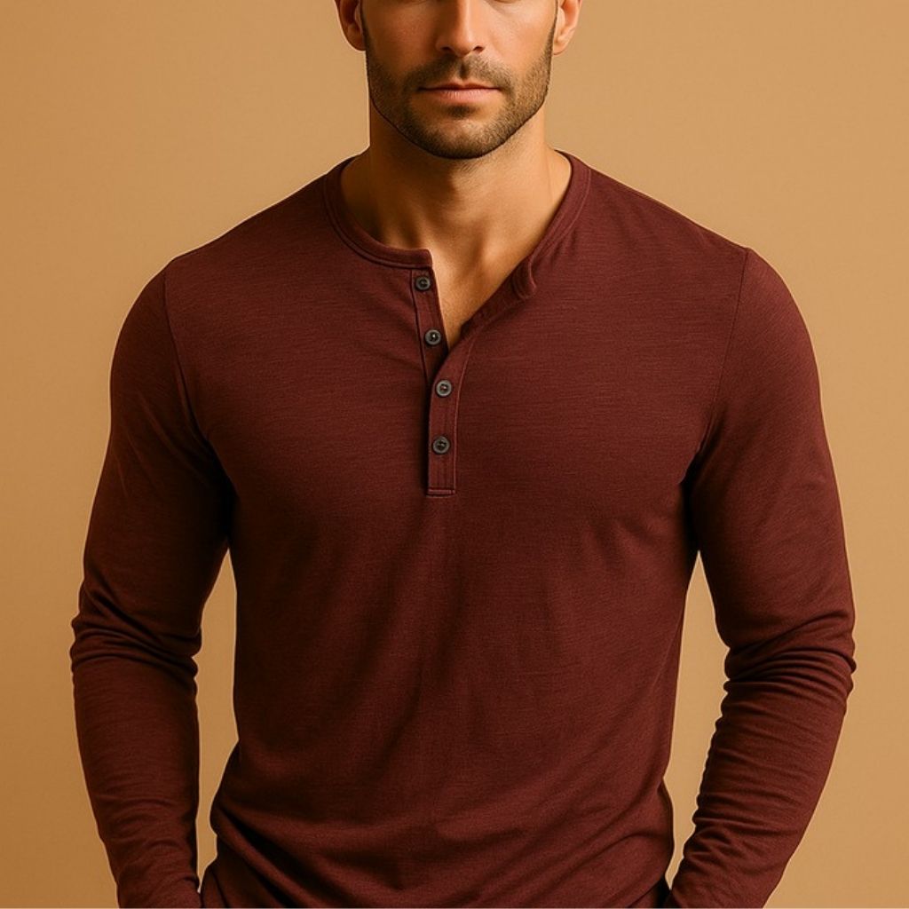Henley Shirt with Long Sleeves and Button Neck for Men