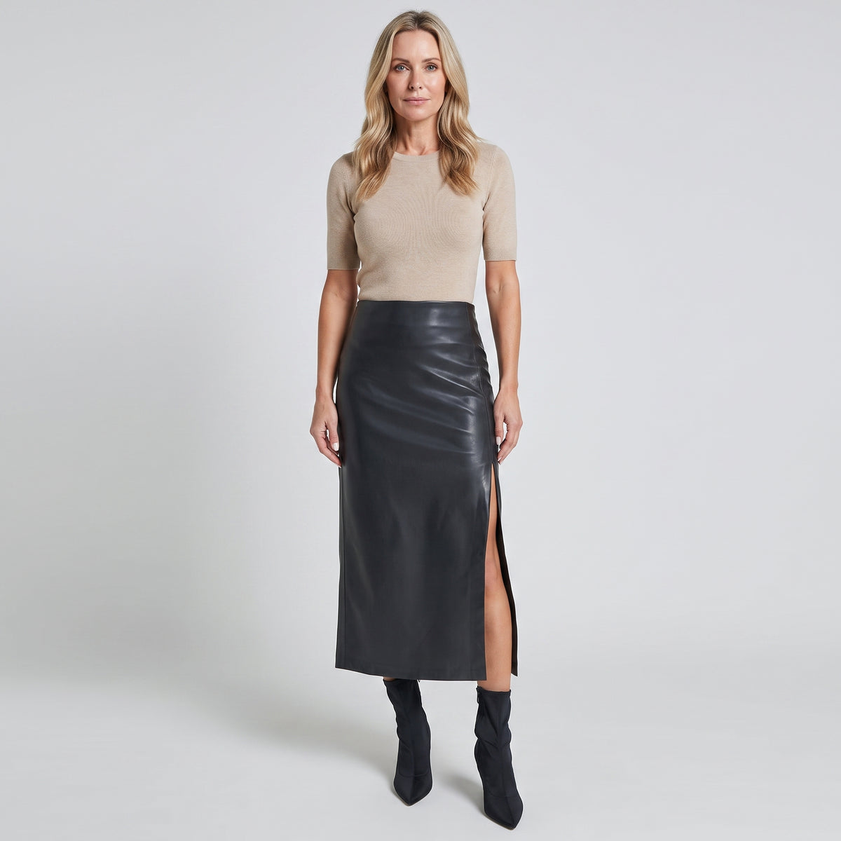 High-Rise Midi Skirt with Front Slit for Women