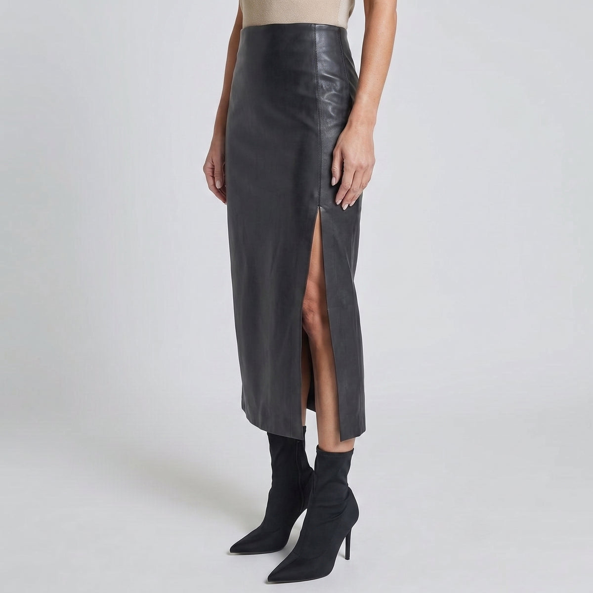 High-Rise Midi Skirt with Front Slit for Women