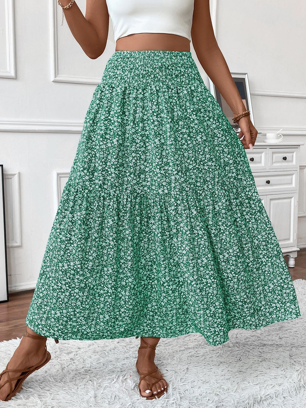 High-Waist Floral Maxi Skirt with Tiered Hem for Women