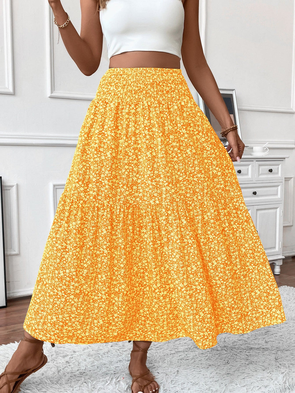 High-Waist Floral Maxi Skirt with Tiered Hem for Women