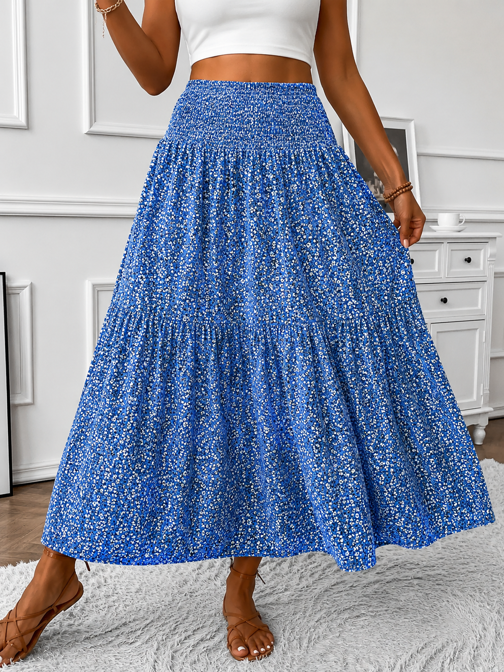 High-Waist Floral Maxi Skirt with Tiered Hem for Women