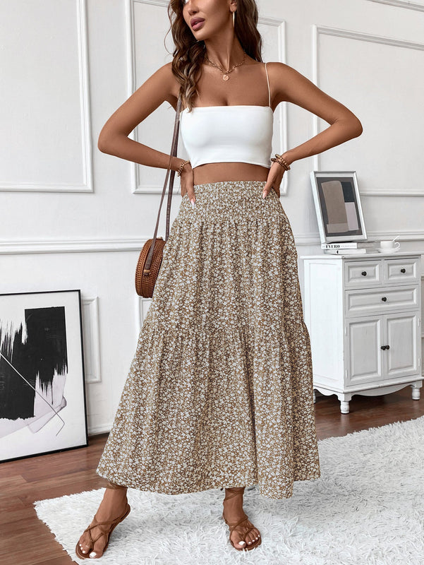 High-Waist Floral Maxi Skirt with Tiered Hem for Women