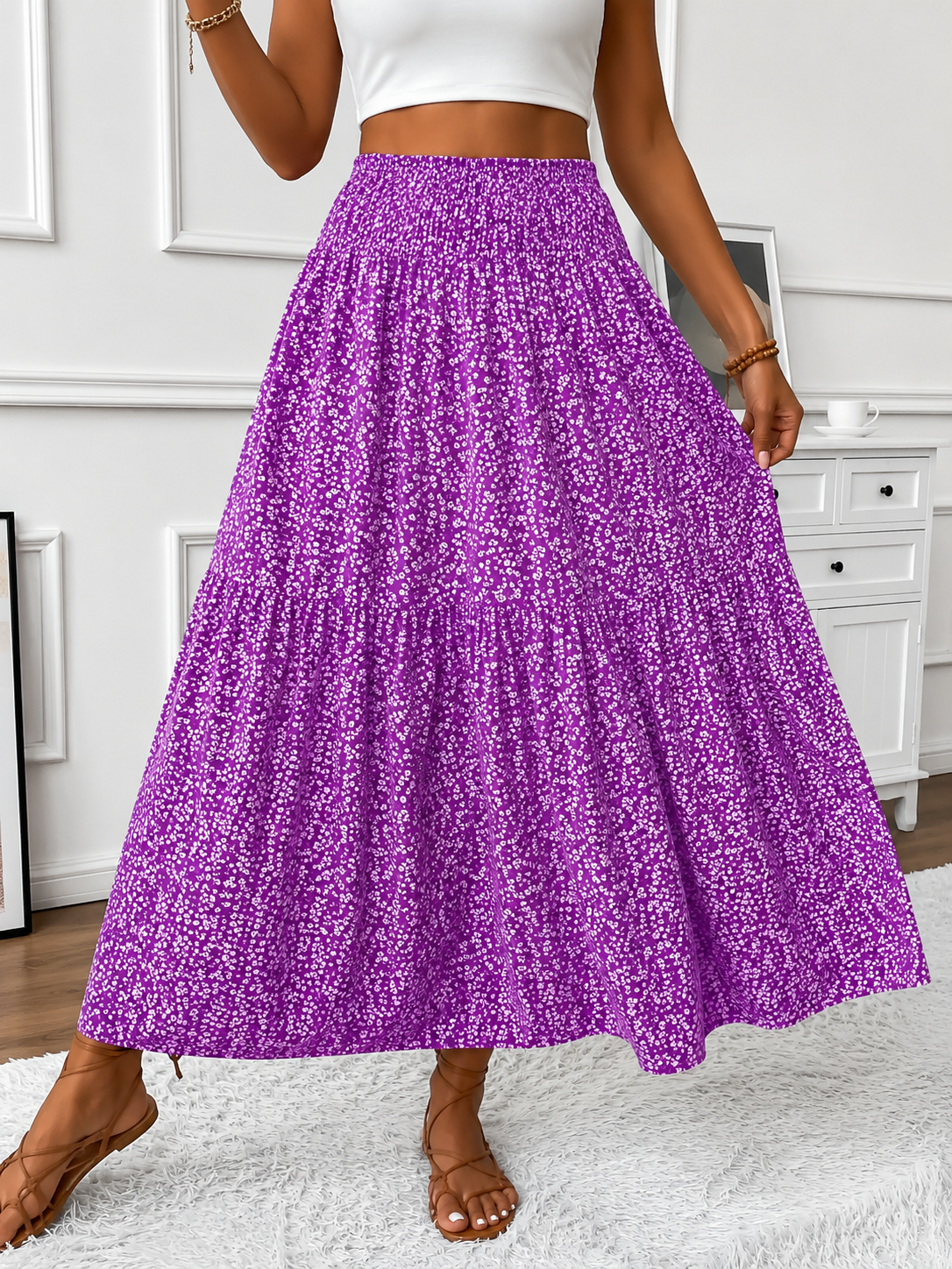 High-Waist Floral Maxi Skirt with Tiered Hem for Women