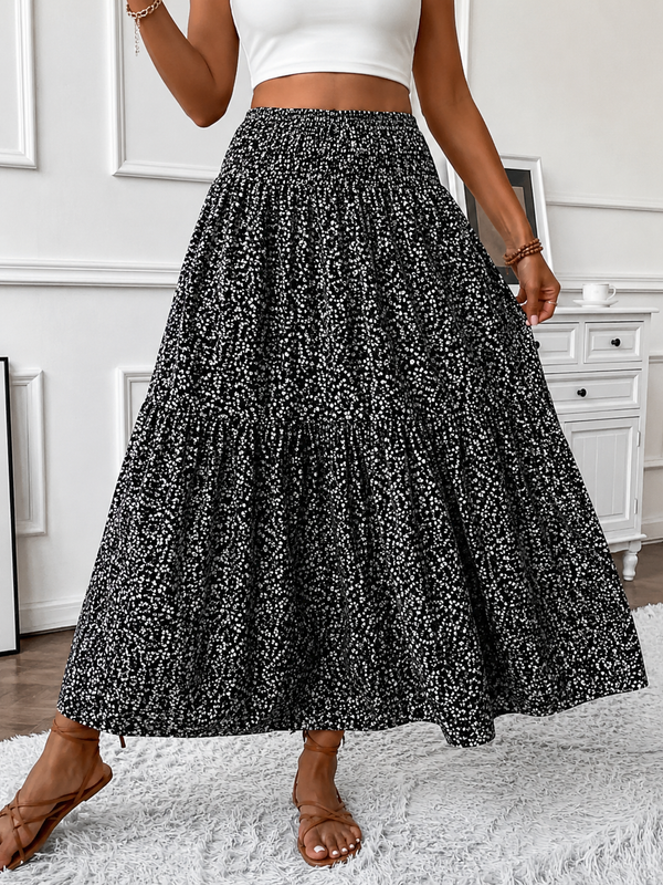 High-Waist Floral Maxi Skirt with Tiered Hem for Women