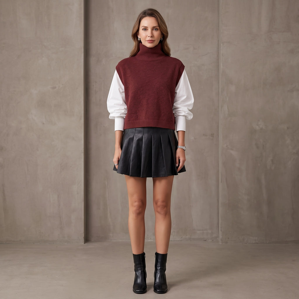 High-Neck Sweater Vest with Ribbed Armholes for Women
