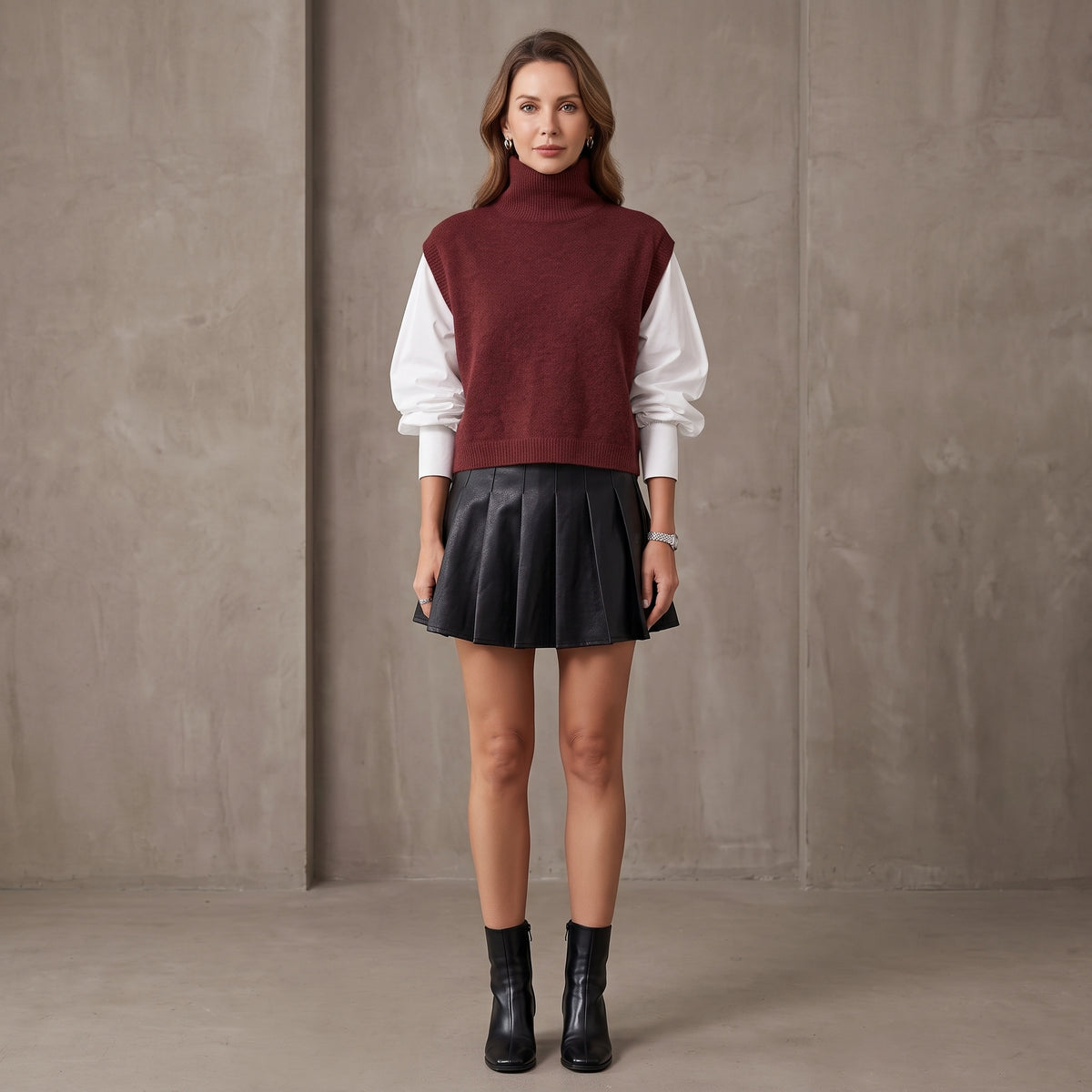 High-Neck Sweater Vest with Ribbed Armholes for Women